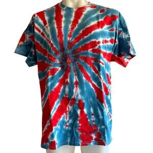 Mens Shirt Size XL Tie Dye Red White Blue Spiral Handcrafted Casual Retro Hippy